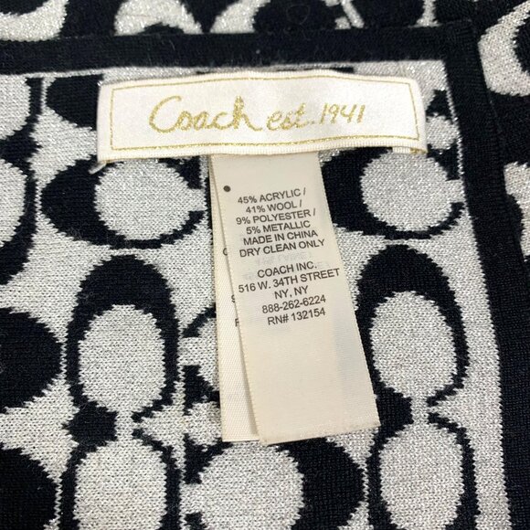 Coach Signature Logo Knit Scarf Black w/ Silver Metallic 59.5x7.25" Wool Blend - Picture 2 of 2